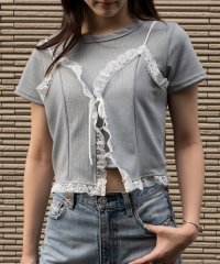 MAISON BREEZE/【SETUP7】レースリボンビスチェ Tシャツ 2点セット 半袖 クロップド丈 ショート丈 ラウンドネック SCCH565/506370648