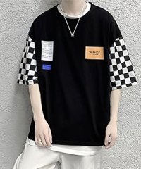 shoppinggo/ショッピングゴー shoppinggo 五分袖Tシャツ メンズ チェック柄袖 切り替え 夏服 おおきいサイズ 軽い 柔らかい シルエット プルオーバー クルーネ/506656320