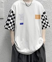 shoppinggo/ショッピングゴー shoppinggo 五分袖Tシャツ メンズ チェック柄袖 切り替え 夏服 おおきいサイズ 軽い 柔らかい シルエット プルオーバー クルーネ/506656320