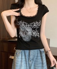 shopnikoniko/ショップニコニコ ShopNikoNiko ネックレース バタフライプリント スリムトップス ma 【即納】グランジコーデ パンクファッション Tシャツ チビT/506699001
