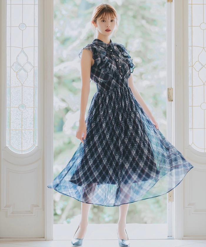 初売り旅行 オリジナルチェックフリルショルダーシフォンワンピース 服&ファッション小物