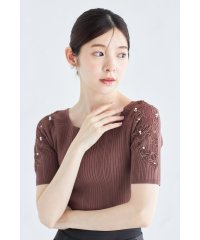 tocco closet/パールビジュー付きフラワー刺繍シアースリーブ切り替えランダムリブニットプルオーバー/506125245