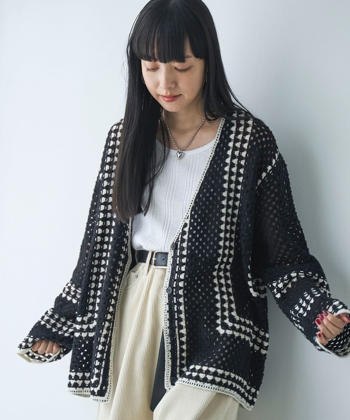 エンクロゼカーディガン セール32%OFF】クロシェ編みVネックカーディガン(506009175