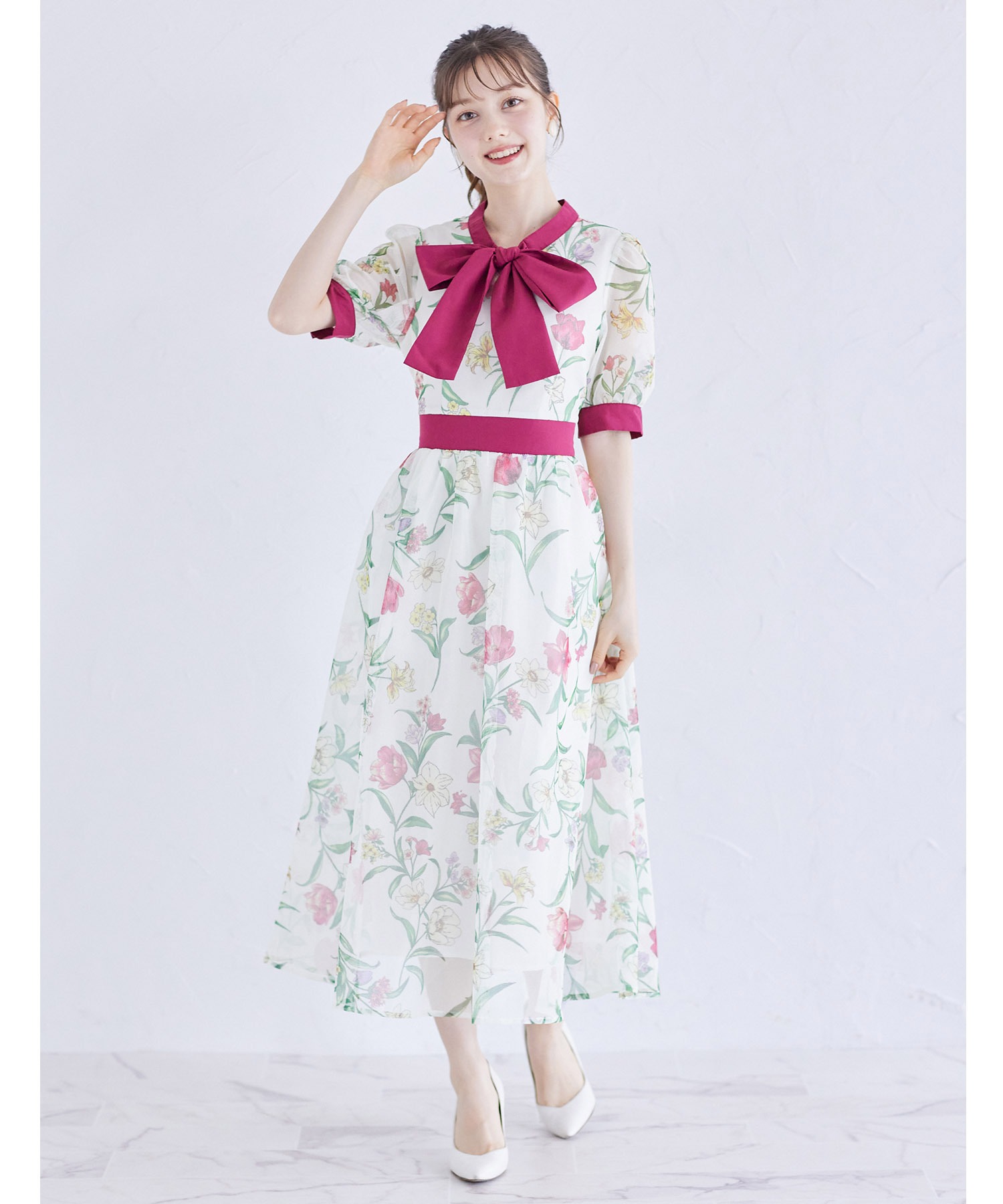 tocco 新品　ボウタイリボン付き配色メッシュフラワープリントワンピース トッコクローゼット tocco closet ボウタイリボン付き配色