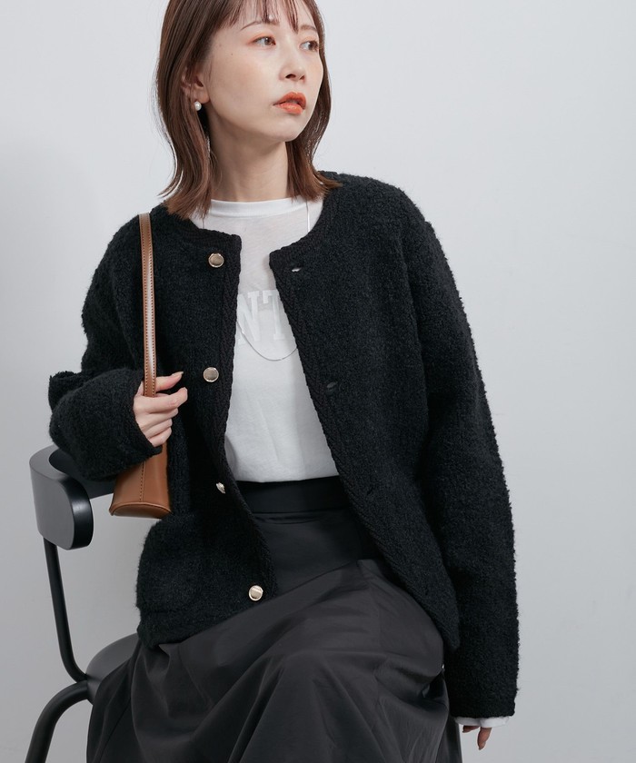 貴重　美品　Bark ネイビー ニットダッフルコート　ポリウレタンコーティング セール 28%OFF】金ボタンループ編みニットカーディガン(通常丈