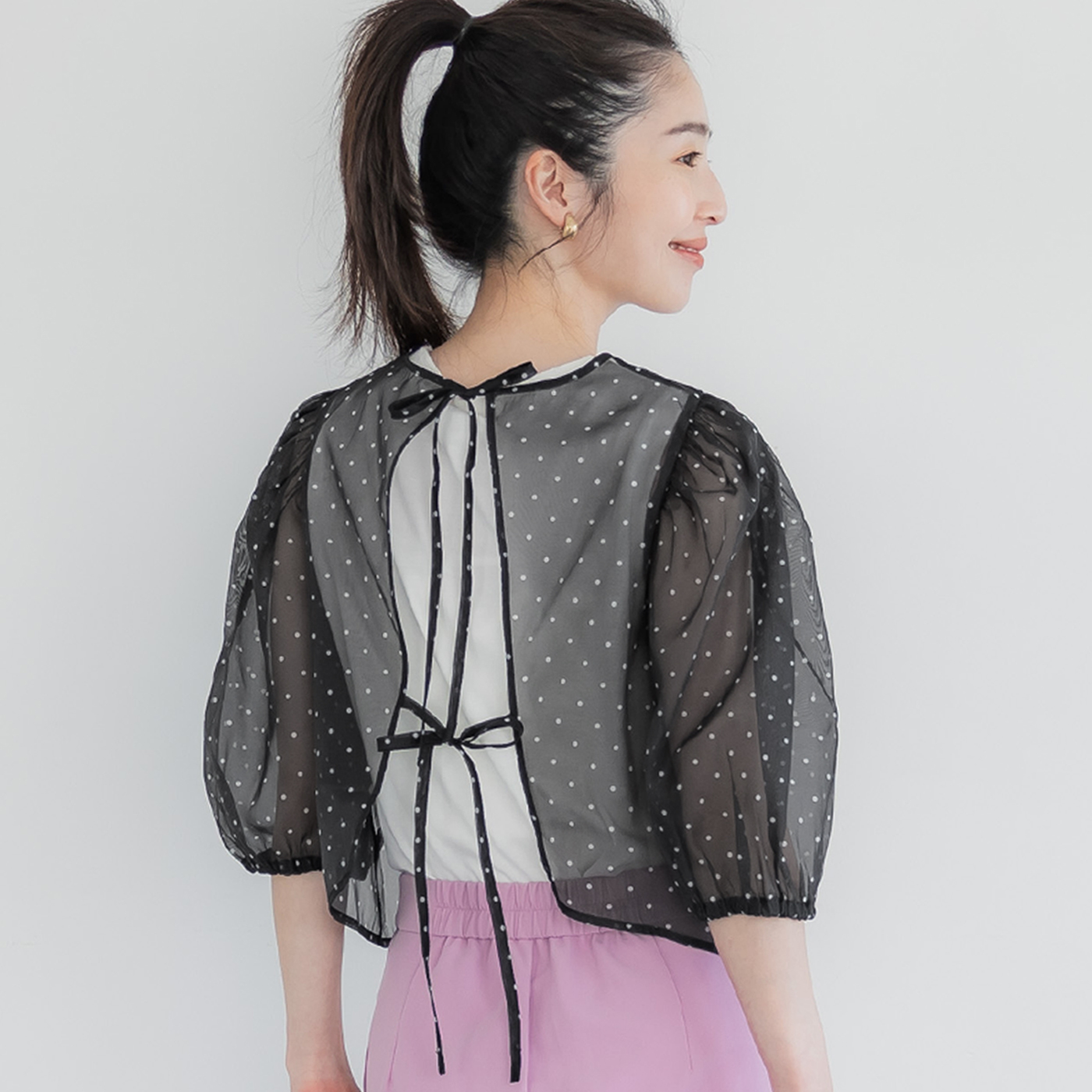 ■美品TOMORROWLANDシアードットプリント バックリボンブラウス36 □美品TOMORROWLANDシアードットプリント バックリボンブラウス
