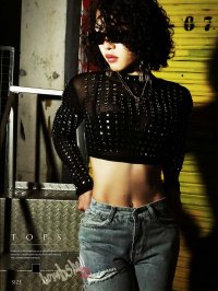 bombshell/ボムシェル bombshell 長袖カットソー ビジュー付き シースルー トップス クロップド丈 ショート丈 ジップ着脱 ステージ衣装 インポート LAファッシ/506848314