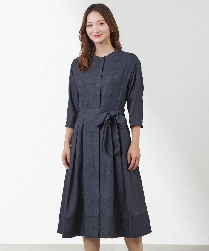 アマカ　半袖シャツワンピース　小花柄　ベルト　青　M アマカ(AMACA) | ワンピース・ドレスの人気ランキング - d fashion