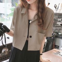 アミュレット Amulet クロップド半袖ジャケット レディース 10代 20代 30代 韓国ファッション 春 夏 カジュアル 可愛い シンプル おしゃれ 大人