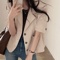 Amulet/アミュレット Amulet 半袖ジャケット レディース 10代 20代 30代 韓国ファッション 夏 カジュアル 可愛い シンプル おしゃれ 大人 無地 羽織り/506885044