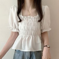 Amulet/アミュレット Amulet シャーリングブラウス レディース 10代 20代 30代 韓国ファッション 夏 カジュアル 可愛い シンプル おしゃれ 無地 白 黒/506885050