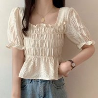 Amulet/アミュレット Amulet シャーリングブラウス レディース 10代 20代 30代 韓国ファッション 夏 カジュアル 可愛い シンプル おしゃれ 無地 白 黒/506885050