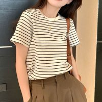 Amulet/アミュレット Amulet シンプルボーダーTシャツ レディース 10代 20代 30代 韓国ファッション 夏 カジュアル 可愛い おしゃれ バイカラー ラウン/506885051