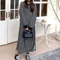 Amulet/アミュレット Amulet 長袖ボーダーワンピース レディース 10代 20代 30代 韓国ファッション カジュアル 春 秋 冬 シンプル 可愛い ロング丈 黒/506885066