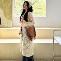 Belle Cie/ベルシー Belle Cie カーデ カーディガン 羽織り ニット ロング 透かし編み きれいめ レディース 韓国ファッション シンプル 柄 総柄 ボヘミアン /506886673