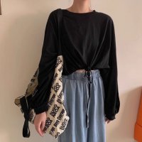 Belle Cie/ベルシー Belle Cie Tシャツ ロンT 長袖 ショート丈 短丈 ドロスト トップス 無地 レディース 韓国ファッション シンプル かわいい 裾絞り スト/506886687