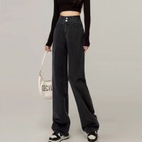 Belle Cie/ベルシー Belle Cie デニム ワイドパンツ ストレート バッククロス ロングパンツ レディース 韓国ファッション 黒 サックス シンプル ハイウエスト /506886709