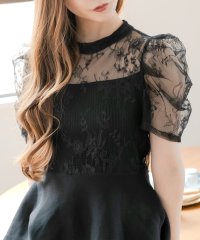 JULIA BOUTIQUE/ジュリアブティック JULIA BOUTIQUE レースドッキングくびれニットトップス [24519 半袖 ミドル丈 レディース カットソー ブラック 黒 グレ/506886204