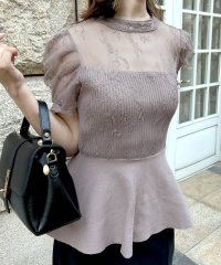 JULIA BOUTIQUE/ジュリアブティック JULIA BOUTIQUE レースドッキングくびれニットトップス [24519 半袖 ミドル丈 レディース カットソー ブラック 黒 グレ/506886204