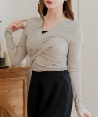 JULIA BOUTIQUE/ジュリアブティック JULIA BOUTIQUE ギャザーカシュクールカットソー [24610 長袖 ミドル丈 無地 Vネック レディース トップス ブラック /506886258