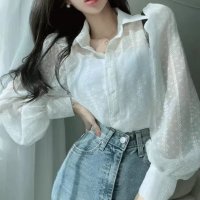 Belle Cie/ベルシー Belle Cie シャツ 長袖 シアー レギュラーカラー 水玉 ドット 大人 総柄 レディース 柄 セクシー かっこいい 同色 肌見せ 羽織り UV/506921786
