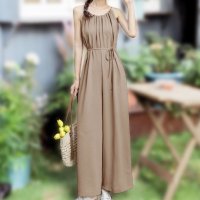 ica/アイカ ica さらり 涼しい 薄手 ストレッチ シャリ感素材 ロング丈 ゆったり ワイド オーバーオール サロペット オールインワン ワイドパンツ ガウチョパ/506921758
