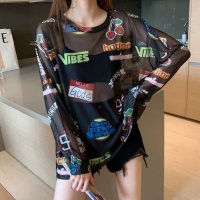 Belle Cie/ベルシー Belle Cie シアー トップス 長袖 透ける ロゴ 総柄 オーバーサイズ ゆる レディース 韓国ファッション ギャル ユニーク インナー 重ね着/506925818
