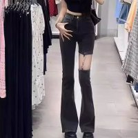 Belle Cie/ベルシー Belle Cie デニムパンツ アシメ スリット 肌見せ セクシー ブーツカット レディース 韓国ファッション ロングパンツ 大きいサイズ XXL /506925830