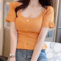 shoppinggo/ショッピングゴー shoppinggo 夏新作 サマーニットトップス スクエアネックTシャツ ボタン レディース ニットソー セクシー フィットトップス 夏ニッ/506930460
