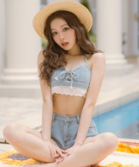 Retica/レティカ Retica 水着 バストレースアップホルターネックバックギンガムチェックリボン×ショートパンツコットンレースデニムガーリータンキニ【返品不可商品】/506928858