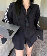 shopnikoniko/ショップニコニコ ShopNikoNiko 袖ライン オーバーサイズ ブラックシャツ ma 【即納】 レディース 韓国 プチプラ おしゃれ トレンド かわいい/506883978