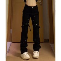 Belle Cie/ベルシー Belle Cie ロングパンツ ワイド ストレート 黒 ガーターベルト ロング レディース 韓国ファッション ストリート かっこいい パンク ヒップ/506948391