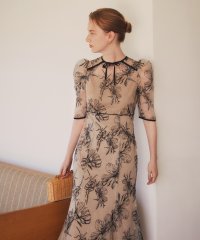 Leja/レジャ Leja 半袖花柄刺繍レースフロントバックリボンパフスリーブマーメイドフレアロングワンピースドレス/506948664