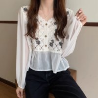 Belle Cie/ベルシー Belle Cie トップス 長袖 シアー かぎ針編み クロシェ ベスト シフォン 春 レディース 韓国ファッション ガーリー フェミニン フリル 透/506948394