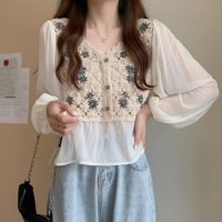 Belle Cie/ベルシー Belle Cie トップス 長袖 シアー かぎ針編み クロシェ ベスト シフォン 春 レディース 韓国ファッション ガーリー フェミニン フリル 透/506948394