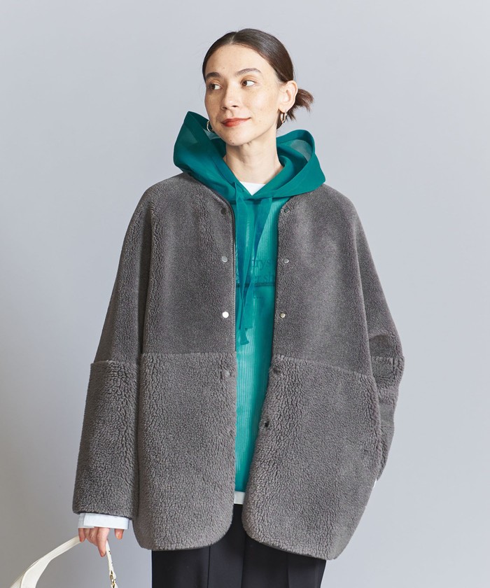 WEB限定】ボア×フェイクムートン ノーカラーリバーシブルコート WEB限定】ボア×フェイクムートン ノーカラーリバーシブルコート