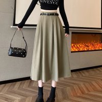 shoppinggo/ショッピングゴー shoppinggo フレアスカート ベルト付き Aラインスカート 後ろウエストゴム ロング黒 無地スカート ひざ下 揺れる ハイウェスト ボ/506989725