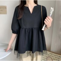 And Kawaii/アンドカワイイ And Kawaii 韓国ファッションチュールドッキング五分袖キーネックペプラムブラウス 切替BIGブラウス/507005027