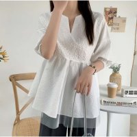 And Kawaii/アンドカワイイ And Kawaii 韓国ファッションチュールドッキング五分袖キーネックペプラムブラウス 切替BIGブラウス/507005027