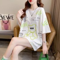 Belle Cie/ベルシー Belle Cie Tシャツ 半袖 半端袖 くま ロゴ ドロップショルダー ユニーク レディース 韓国ファッション 総柄 かわいい 夏 白 黒 ゆった/507015586