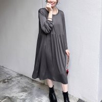 REAL STYLE/リアルスタイル REAL STYLE ワンピース レディース ロング丈 秋 春 長袖 プリーツ フレア きれいめ カジュアル 薄手 膝下 ゆったり 無地 丸首 /507016781