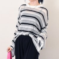 REAL STYLE/リアルスタイル REAL STYLE シアーニット レディース 長袖 ボーダー柄 薄手 重ね着 春 夏 秋 長袖 トップス 大きいサイズ 透け感 おしゃれ ニッ/507016783