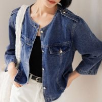 REAL STYLE/リアルスタイル REAL STYLE デニムジャケット レディース ノーカラー 春 秋 アウター 羽織り 上着 ジージャン Gジャン 薄手 七分袖 長袖 丸首 /507016803