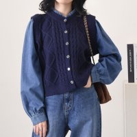 REAL STYLE/リアルスタイル REAL STYLE ケーブルニット シャツ レディース ドッキング トップス ベスト 長袖 秋冬 デニム おしゃれ 重ね着風 防寒 あったか /507016804