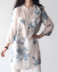 Lily of Valley/リリーオブバリー Lily of Valley 花柄 七分袖 レトロ ブラウス ロング丈 透け感 薄手 シャツ 大人 上品/507017049