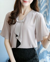 Lily of Valley/リリーオブバリー Lily of Valley フレア スリーブ シフォン シャツ ブラウス ボウタイ 上品 きれいめ 半袖 リボン/507017076