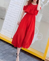 Lily of Valley/リリーオブバリー Lily of Valley オープンショルダー シフォン フレア ロング ワンピース 大人 可愛い 半袖 ミモレ丈 夏/507017170