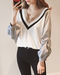 Lily of Valley/リリーオブバリー Lily of Valley 袖コンシャス ストライプ シャツ ドッキング カットソー 長袖 Vネック バイカラー レディース/507017212