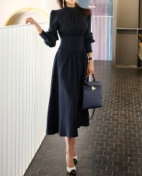 Lily of Valley/リリーオブバリー Lily of Valley パフスリーブ ハイネック タック ワンピース 上品 きれいめ フォーマル ドレス 無地 長袖/507017222