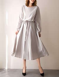 Lily of Valley/リリーオブバリー Lily of Valley ブラウジング 長袖 ボートネック ワンピース 上品 無地 ゆったり バルーン袖 膝下/507017301